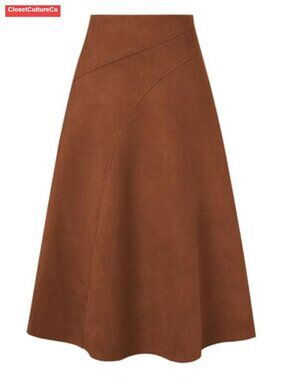 Faux Suede High Waist A-Line Midi Skirt for Work Fall Winter